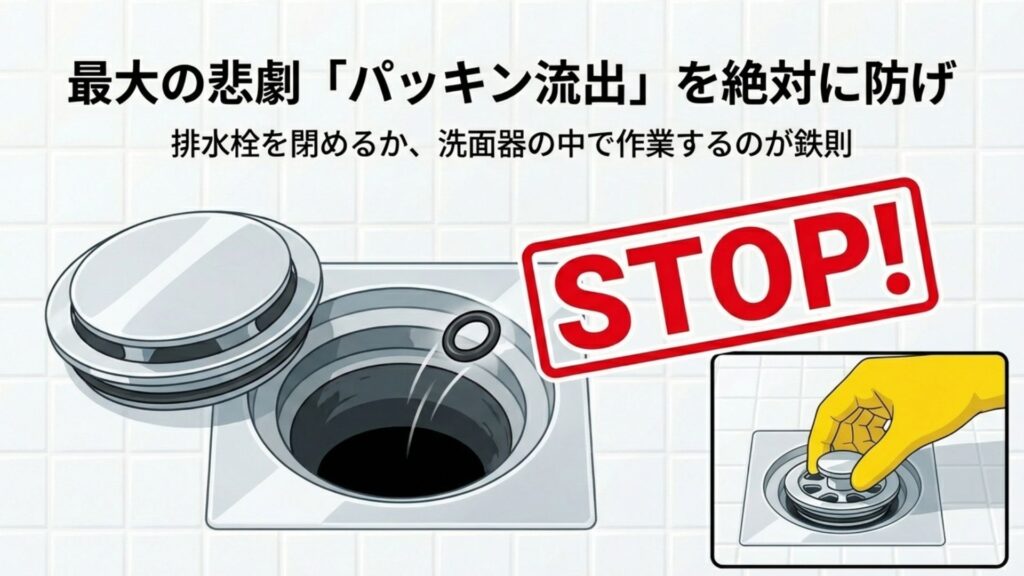 排水溝へのパッキン流出を防ぐため、洗面器の中で作業するよう警告しているイラスト