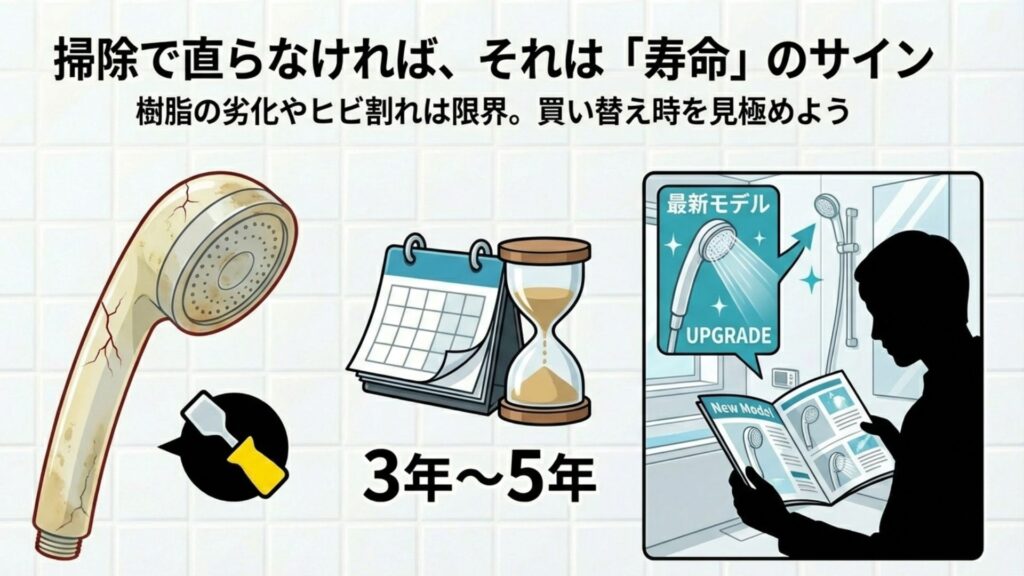 最新モデルのシャワーヘッドへの買い替えを検討している様子と、寿命による劣化イメージ