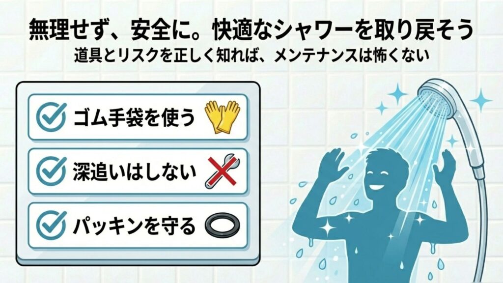 安全なメンテナンスのためのチェックポイント。ゴム手袋の使用やパッキン保護を推奨するまとめ画像