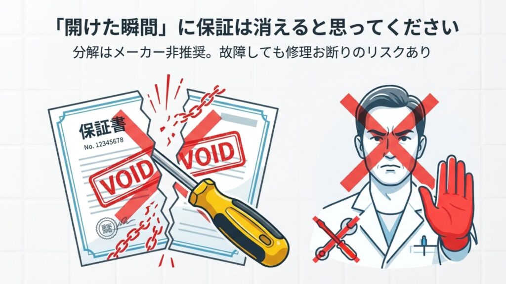 ミラブルの保証書が破られ、VOID（無効）のスタンプが押されているイメージ。分解すると保証対象外になる警告