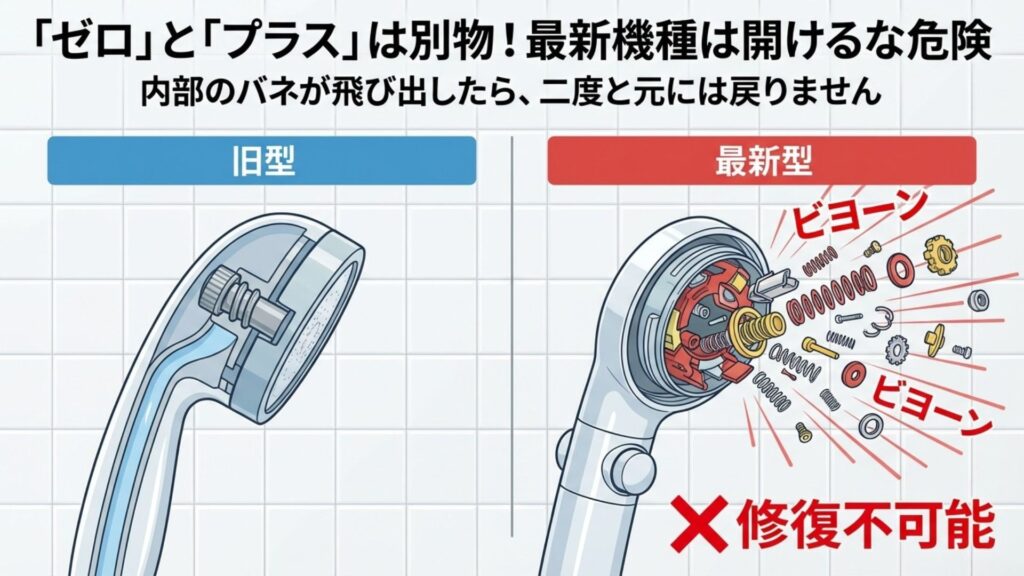 ミラブルゼロ内部のバネが飛び出し、修復不可能になっている失敗例の図解