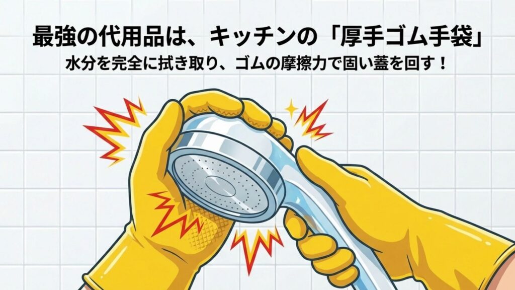 厚手のゴム手袋を両手にはめ、摩擦力を利用してシャワーヘッドの固い蓋を回している様子