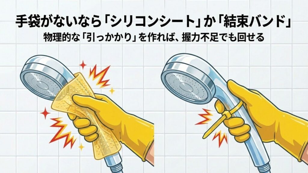 滑り止めシリコンシートや結束バンドを巻き付け、引っかかりを作って蓋を回す方法の図解
