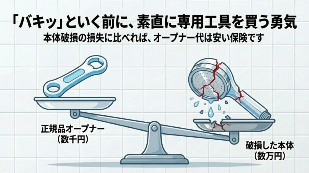 数千円の正規品オープナーと、無理やり開けて破損した数万円の本体価格を天秤にかけて比較している図