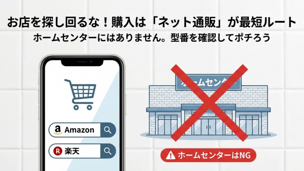 ホームセンターには売っていないため、Amazonや楽天などのネット通販で検索することを推奨するスマホ画面のイメージ