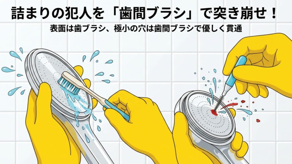 シャワーヘッド表面を歯ブラシで洗い、細かい穴の詰まりを歯間ブラシで貫通させて掃除している様子