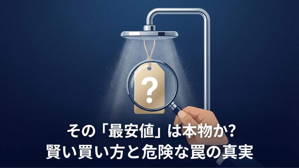 ミラブルのシャワーヘッドから水が出ているイラストと、「その最安値は本物か？」という注意喚起のタイトル文字。虫眼鏡で価格タグを調べている様子。