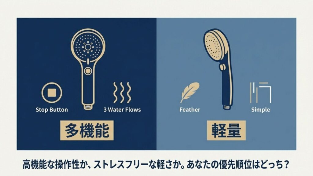 機能重視の多機能シャワーヘッド（3つの水流・ストップボタン）と、軽さ重視のシンプルシャワーヘッド（羽のように軽い）の比較イラスト。