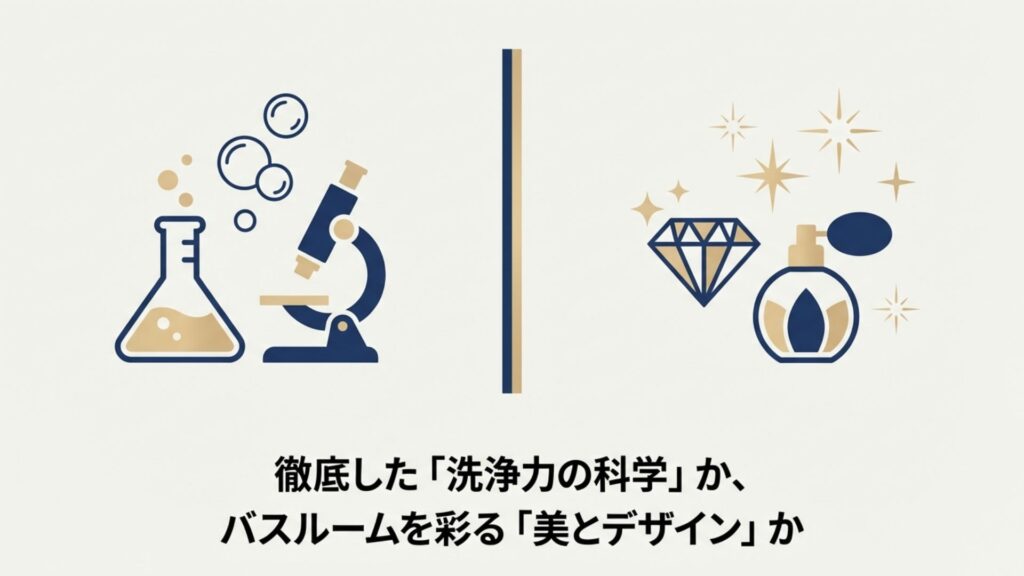 科学的なフラスコ（洗浄力の科学）と、香水やダイヤモンド（美とデザイン）の対比イラスト。機能性重視かデザイン重視かの比較。