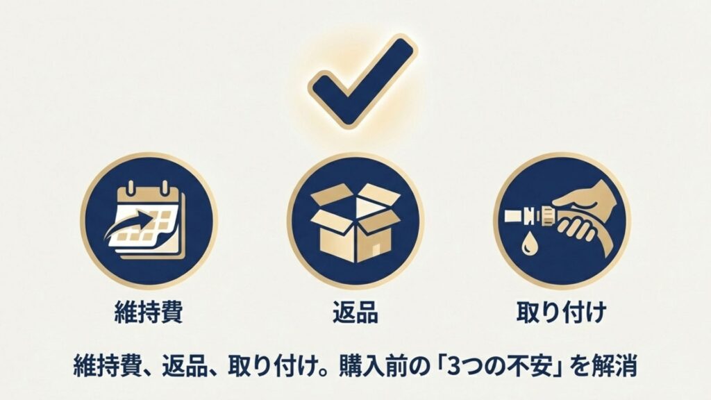 チェックマーク、カレンダー（返品期間）、段ボール箱（配送）、ホース取り付け金具のアイコンセット。購入前の不安要素を解消する図。