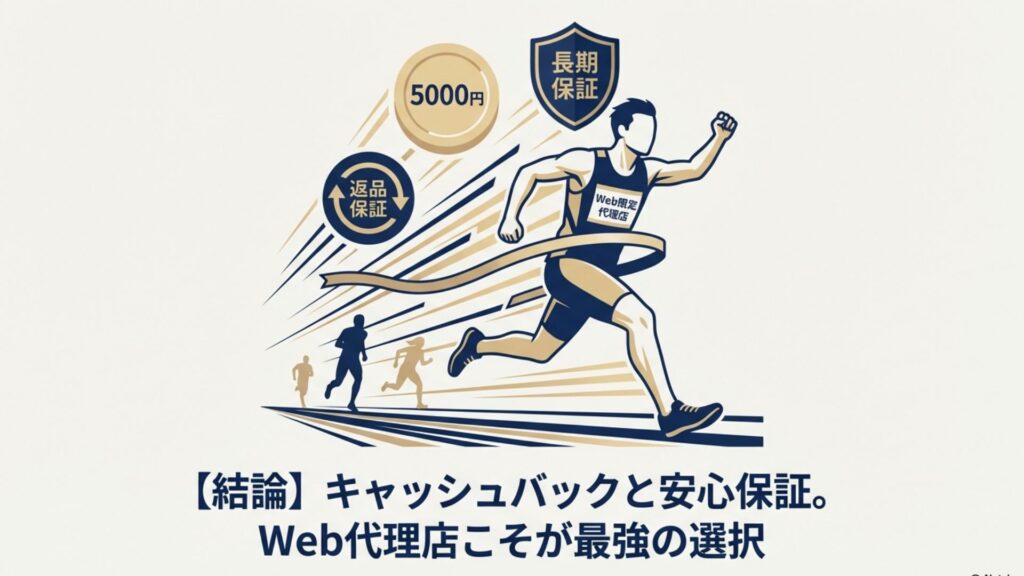 「5000円」「長期保証」「返品保証」の盾を持ち、ゴールテープを切るランナーのイラスト。Web限定代理店が最強の選択であることを表現。