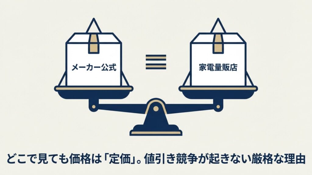 天秤に乗った「メーカー公式」と「家電量販店」の箱が釣り合っているイラスト。どちらも価格は等しいことを示唆。