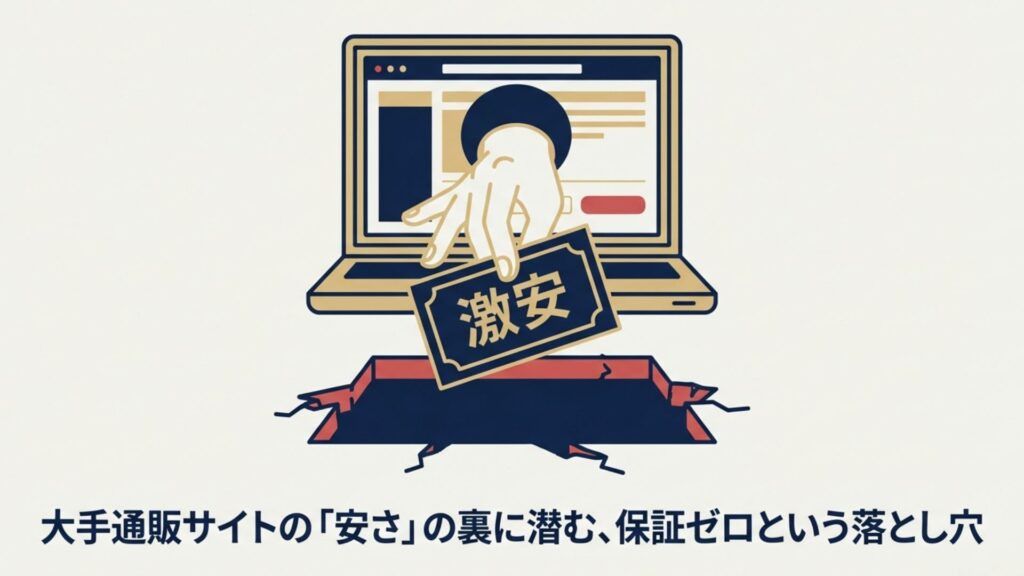 パソコンの画面から「激安」というチケットを持った手が伸び、落とし穴に落ちそうになっているイラスト。ネット通販の安さに潜む危険性。