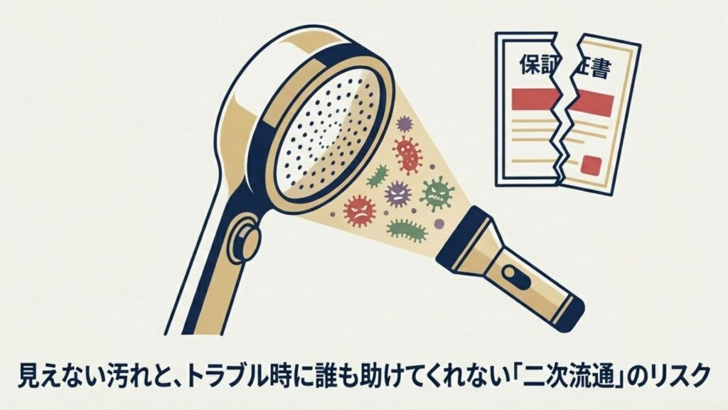 シャワーヘッドが懐中電灯で照らされ、背景には破れた保証書のイラスト。中古品や二次流通品には保証がないことを表現。