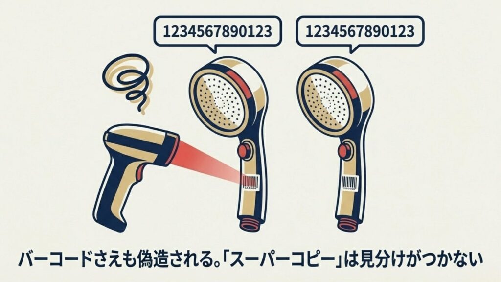 2つの全く同じJANコード（1234567890123）を持つシャワーヘッドと、バーコードリーダーのイラスト。偽造バーコードへの注意喚起。