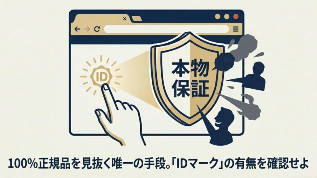 パソコン画面上の「本物保証」という盾のマークと、指が「ID」ボタンを指しているイラスト。正規代理店IDの確認を促す図。
