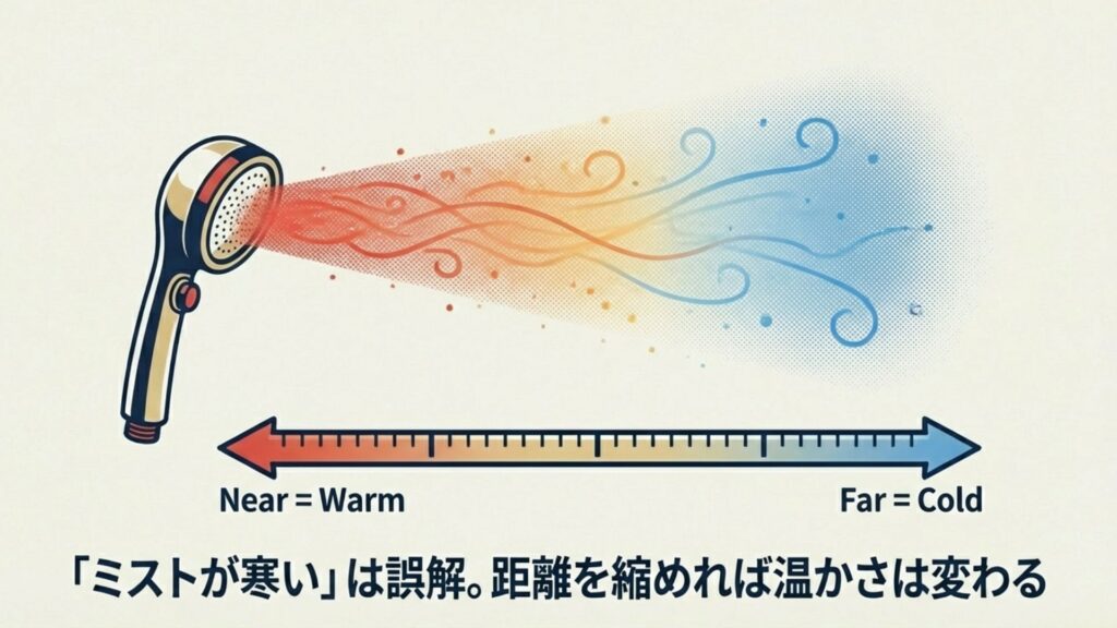 シャワーヘッドからの距離によってミストの温度が変わる図解。近く（Near）は温かく（Warm）、遠く（Far）は冷たい（Cold）ことを示す矢印。