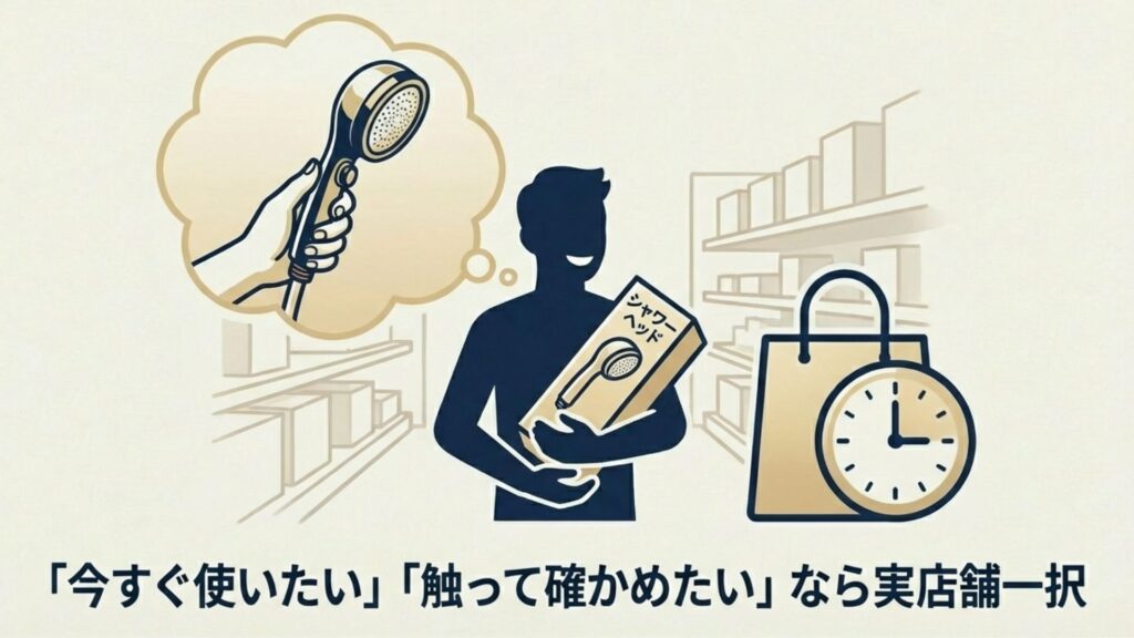 シャワーヘッドの箱を持って嬉しそうな人と、店舗の棚、時計のアイコン。実店舗ならすぐに持ち帰って使えるメリットを表現。