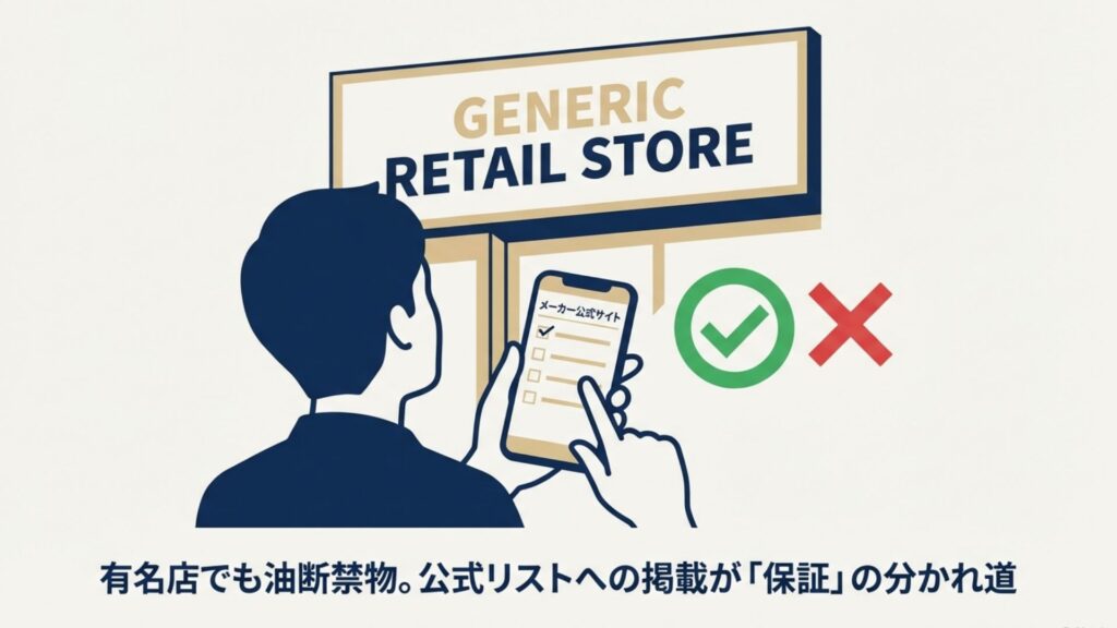 一般的な小売店（GENERIC RETAIL STORE）の前で、スマホで「メーカー公式サイト」のリストを確認している人。リストにあれば丸、なければバツの判定。