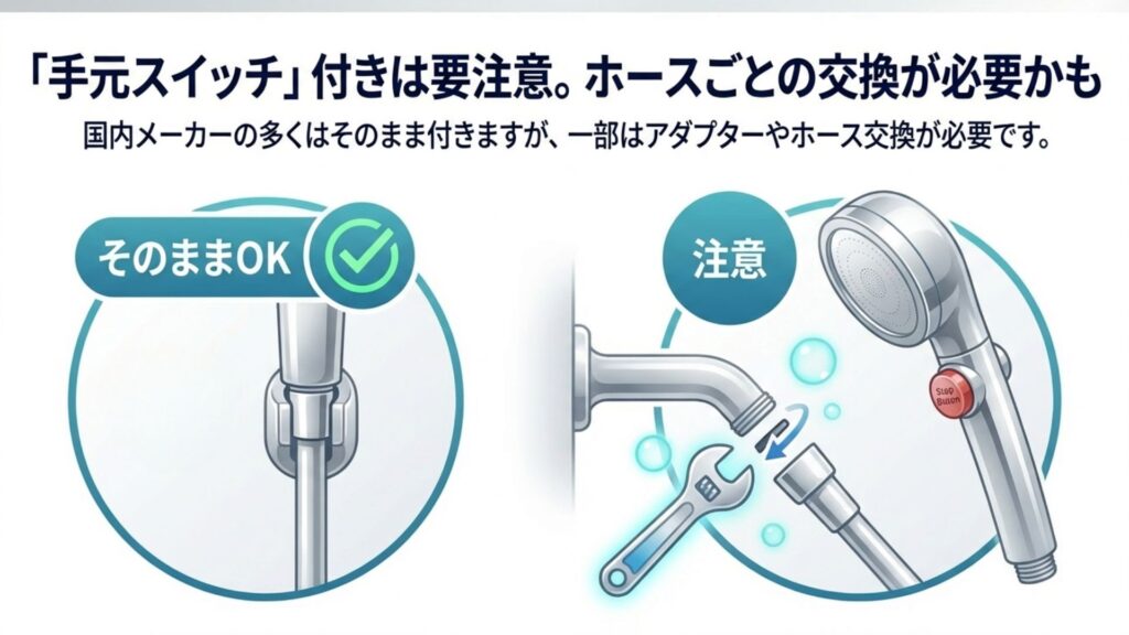 手元スイッチ付きシャワーのホース交換が必要なケースと、アダプター取り付け作業の注意喚起