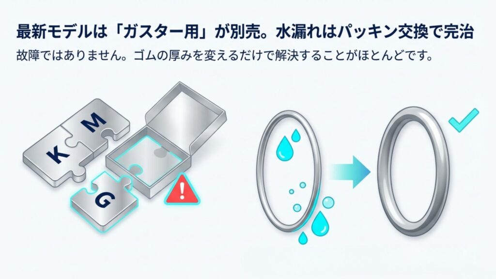 ダプター（K,M,G）のパズルと、水漏れ時にパッキンの厚みを変更して解決する方法の図解