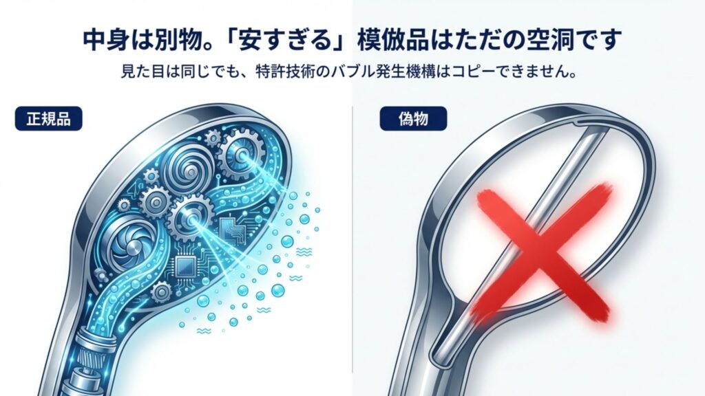 リファ正規品の精密な内部構造と、中身が空洞である偽物の断面比較イラスト