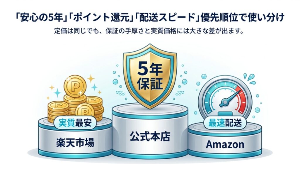 公式本店、楽天市場、Amazonでの購入メリット（保証、ポイント、配送速度）を比較した表