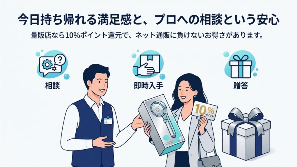 家電量販店で店員に相談し、在庫を即日持ち帰り、ポイント還元を受ける様子のイラスト