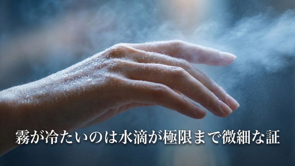 霧が冷たいのは水滴が極限まで微細な証という図解