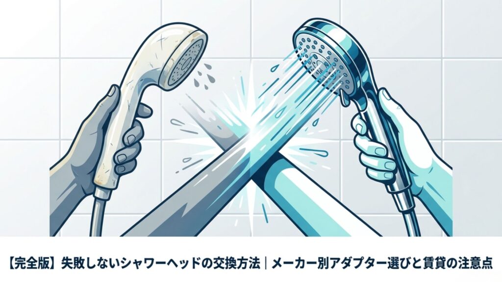 古いシャワーヘッドと新しいシャワーヘッドを両手で持って比較しているイラスト