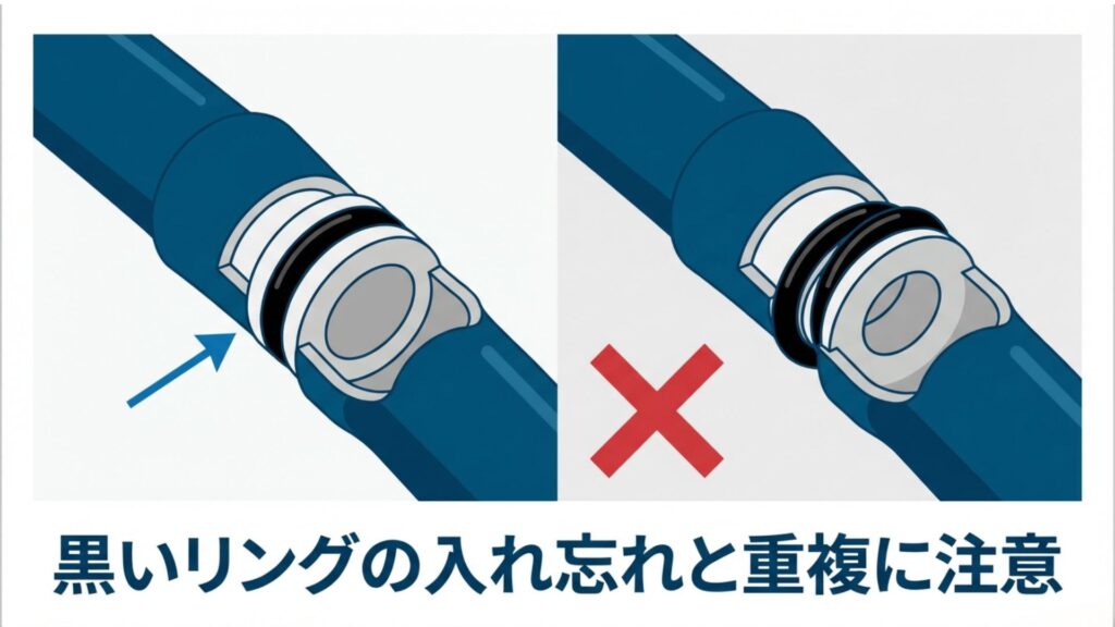 シャワーホースの接続部分にある黒いOリング（パッキン）を示した図解イラスト