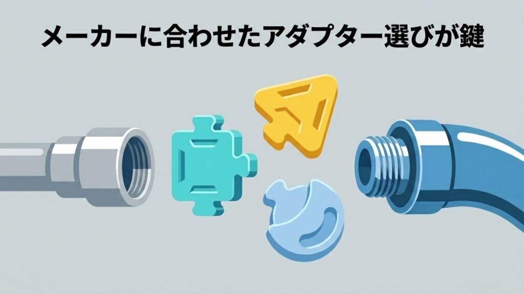 メーカーに合わせたアダプター選びが鍵というテキスト