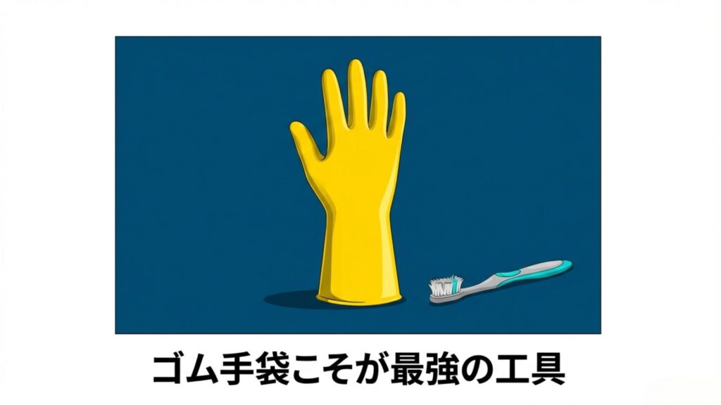 厚手の黄色いゴム手袋と使い古した歯ブラシのイラスト