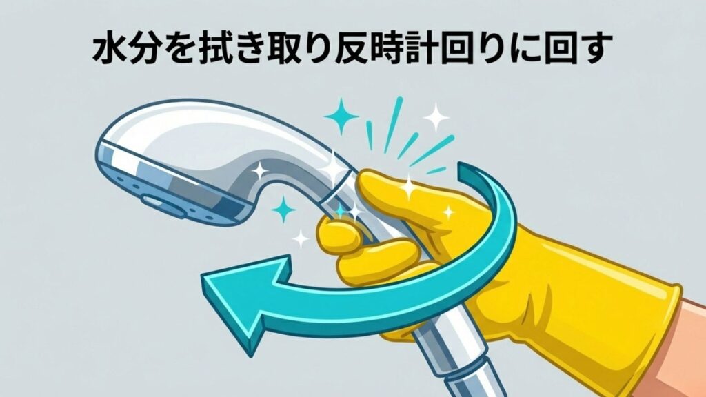 ゴム手袋をはめた手でシャワーヘッドを反時計回りに回して外しているイラスト