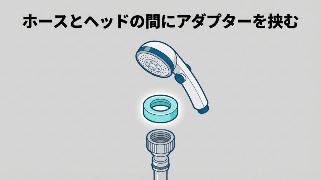 ホースとヘッドの間にアダプターを挟むというテキスト