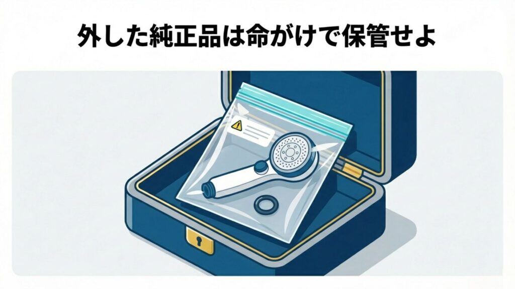 取り外した純正のシャワーヘッドとパッキンをジップロックに入れて箱で保管しているイラスト