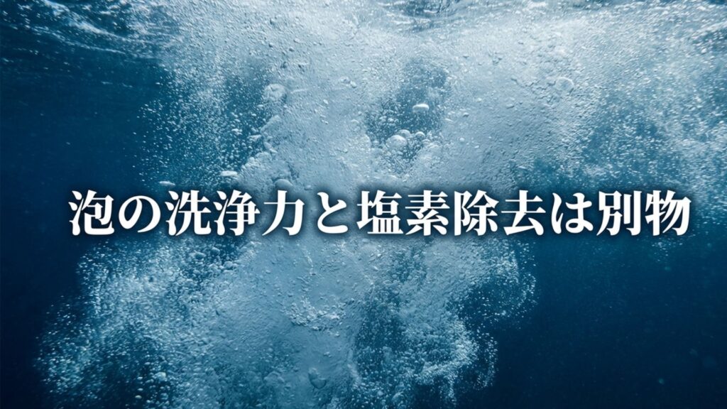マイクロバブルによる泡の洗浄力と塩素除去機能は別物であることを解説する画像
