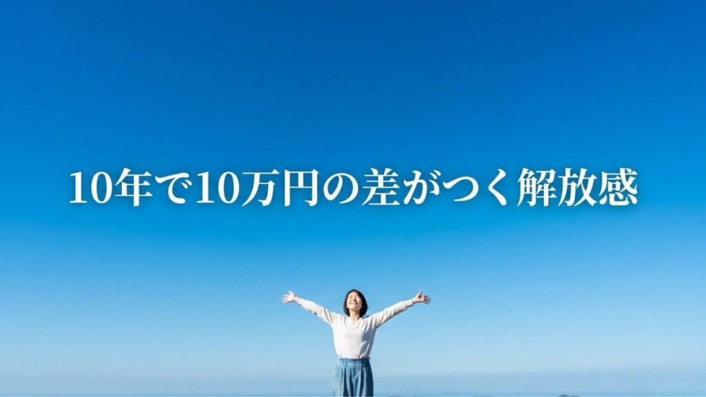 カートリッジ交換不要タイプを選ぶことで、10年で10万円の差がつく解放感があることを示す画像