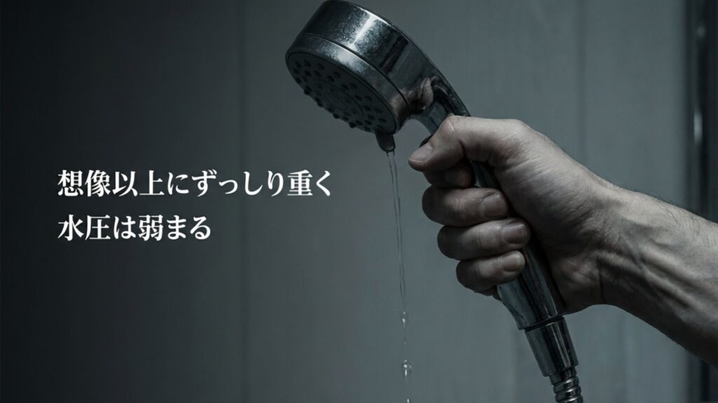 セラミックボール式シャワーヘッドは想像以上にずっしり重く、水圧は弱まるというデメリットの解説画像