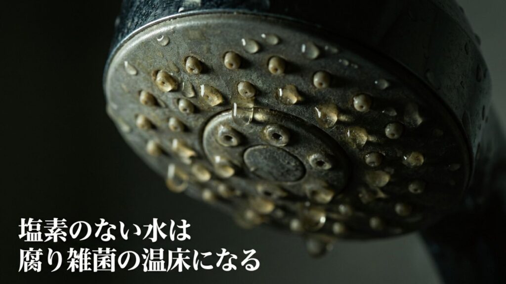 塩素のない水は腐りやすく雑菌の温床になるという衛生上のリスクを示す画像