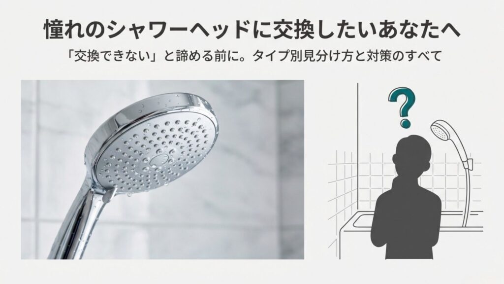 シャワーヘッドの交換可否に悩む女性のイラストとタイトル画像