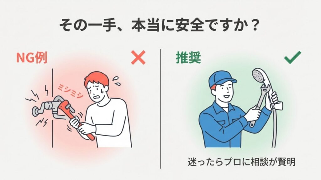 無理に工具で回して配管を破損させるNG例と水道業者への依頼を推奨するイラスト