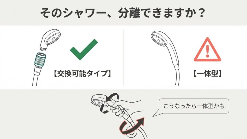 シャワーヘッドとホースが分離できるか回転させて確認する一体型の見分け方イラスト
