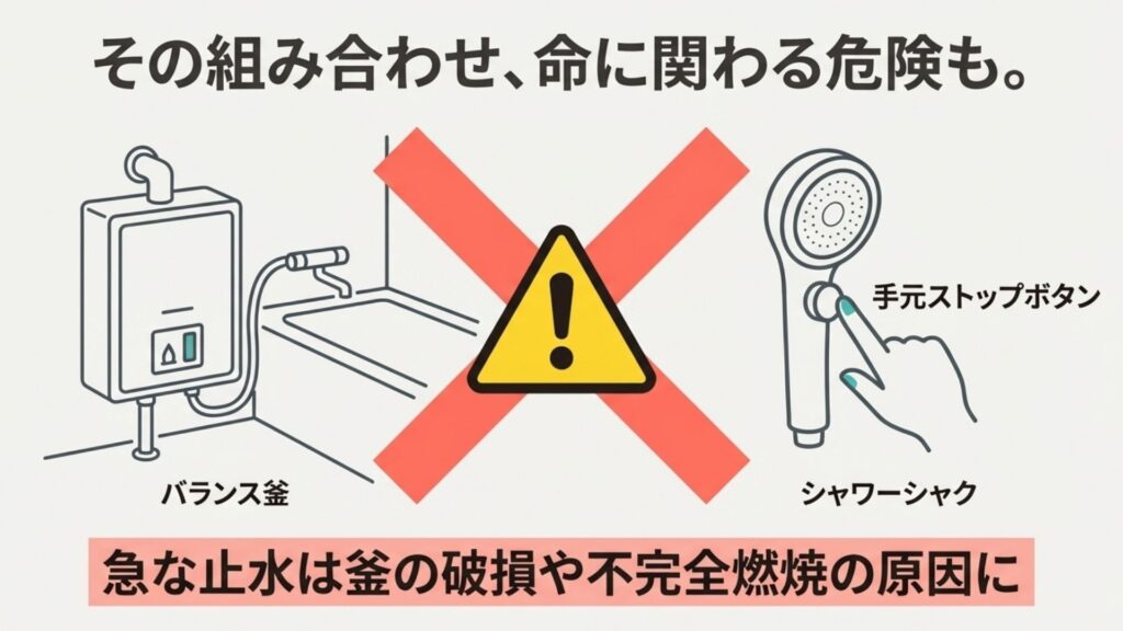 バランス釜と手元止水ボタン付きシャワーヘッドの組み合わせによる危険性の警告