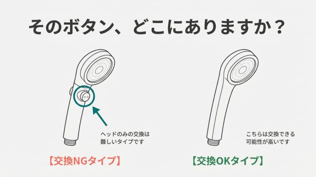ヘッド側面にスイッチがあるLIXIL製シャワーヘッドは交換困難であることを示す図