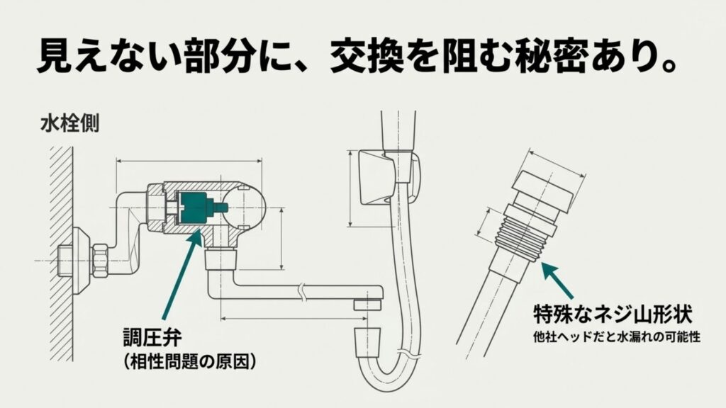 水栓側の調圧弁の構造と他社製ヘッド交換時の相性問題の原因解説図