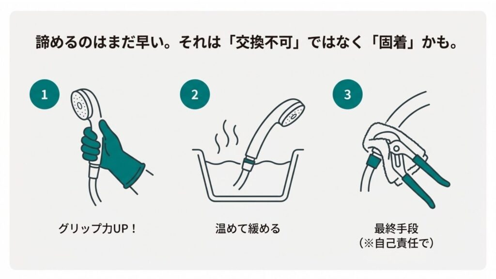 固着したシャワーヘッドを外す手順（水気を拭く、お湯で温める、工具を使う）のイラスト