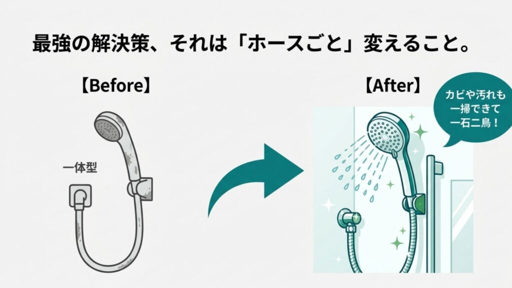 古い一体型シャワーをホースごと新品に交換して汚れも一掃したビフォーアフター図