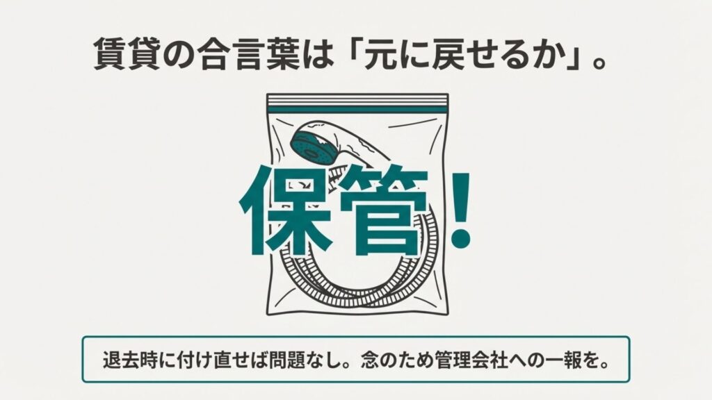 賃貸の原状回復のために取り外した古いシャワーヘッドとホースを袋に入れて保管するイラスト