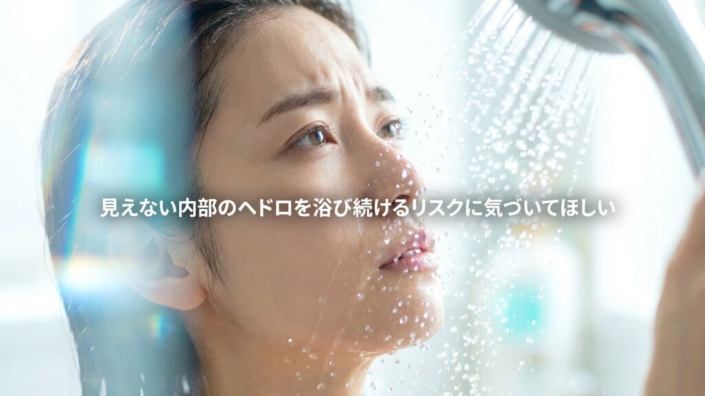 見えないシャワーヘッド内部のヘドロを通った水を浴び続ける衛生的なリスクの指摘